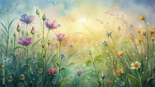Watercolor background of wildflowers glistening in morning dew