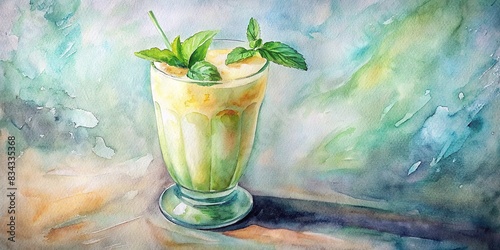Honeydew smoothie in a glass with fresh mint, watercolor painting, refreshing, honeydew, smoothie, glass, fresh mint, watercolor, beverage, drink, delicious, healthy, fruity, green