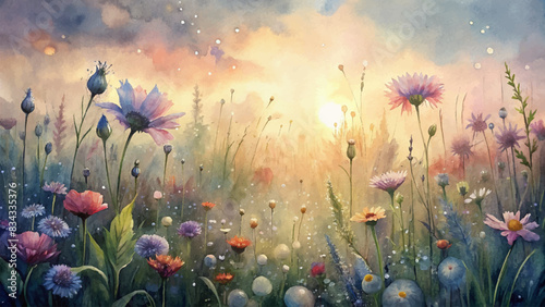 Watercolor background of wildflowers glistening in morning dew