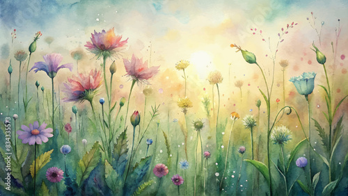 Watercolor background of wildflowers glistening in morning dew