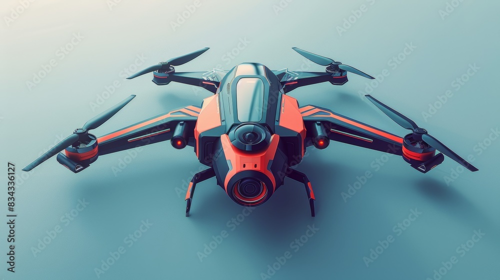Futuristic drone with red and black accents, isolated on a blue background.