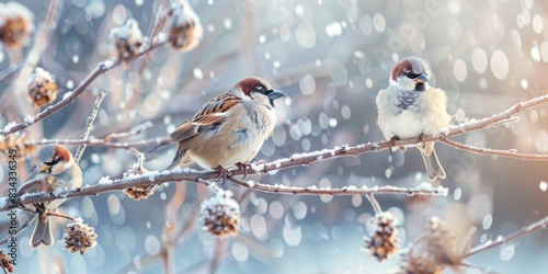 Cute little birds, a sparrow group sitting on a branch in a winter forest. A panorama banner with copy space area for your text or design. © inthasone