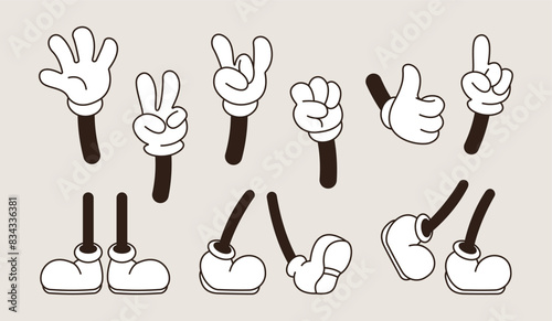Set of 70s groovy comic hands and legs. Collection of cartoon character leg, hand in different emotions happy, angry, sad, cheerful. Cute retro groovy hippie illustration for decorative, sticker