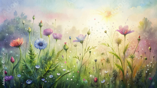 Watercolor background of wildflowers glistening in morning dew © Fauzi Arts