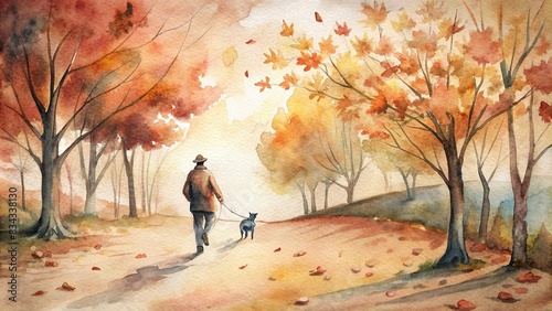 Scenic trail with autumn leaves, trees, and a person walking a dog on a leash in watercolor style, scenic, trail, autumn, leaves, trees, person, walking, dog, leash, scenic, watercolor, fall photo