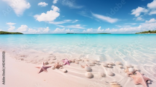 Beautiful Sandy Beach with Starfish and Shells on a Sunny Day