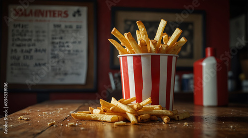 A red bucket of fries sits on a table 