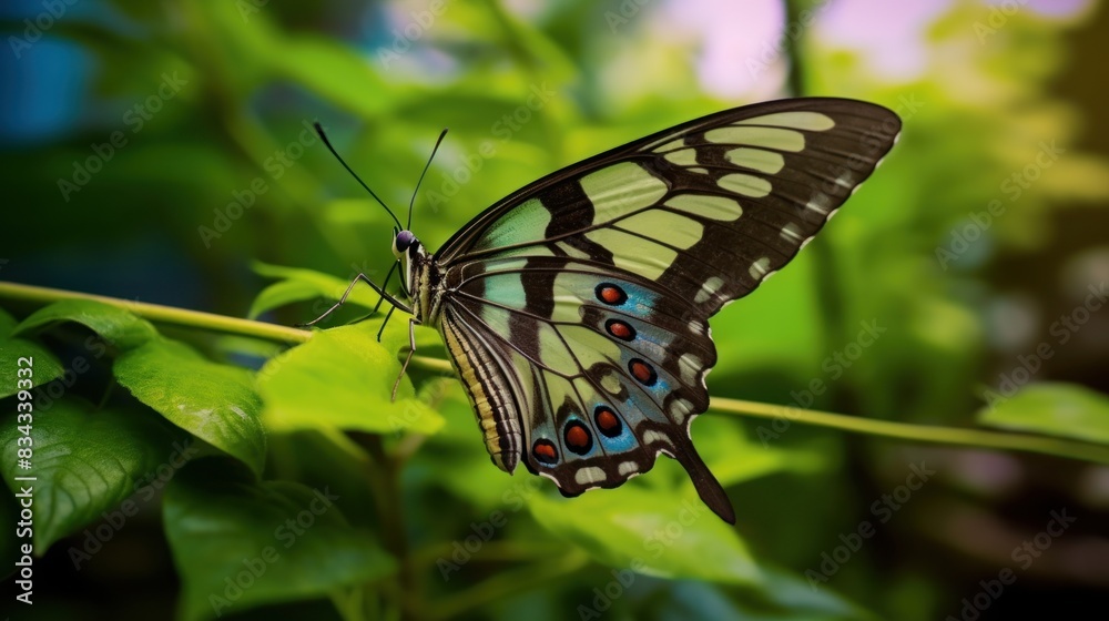 a beautiful butterfly perched on a green leaf, with its wings fully spread. a beautiful butterfly perched on a green leaf, with its wings fully spread.