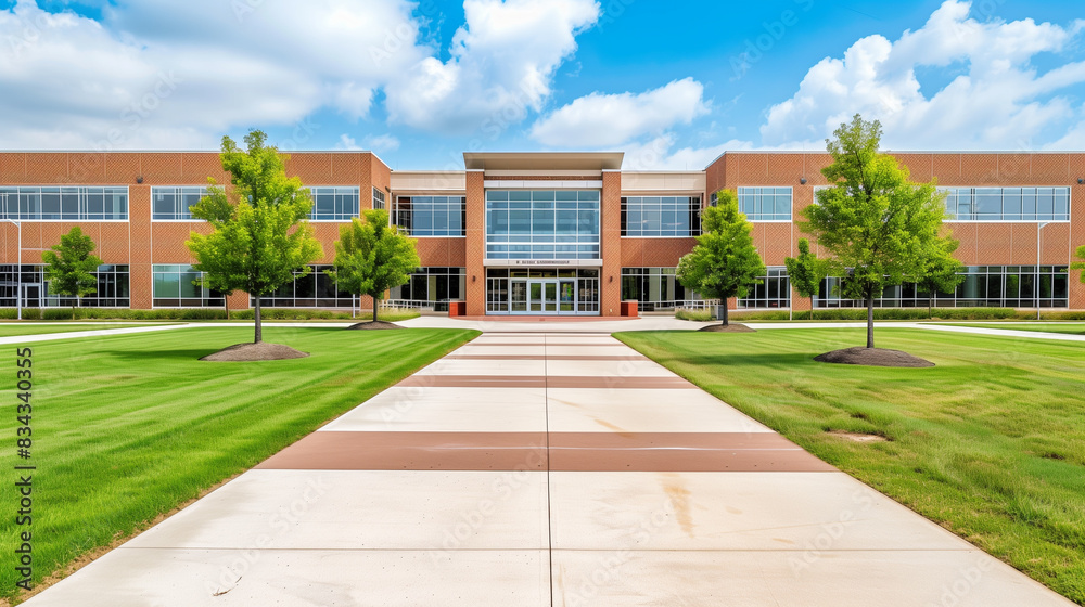 Naklejka premium Front view of a modern school building with glass doors and pathway. Beginning of the school year