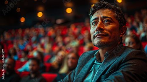 An adult Latino man in the front row of an auditorium listening to a lecture