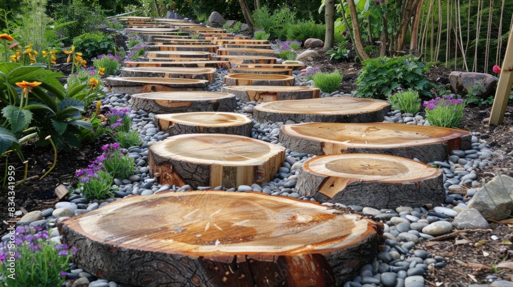 paths made from sliced tree trunks placed on small pebbles. paths made from sliced tree trunks placed on small pebbles.