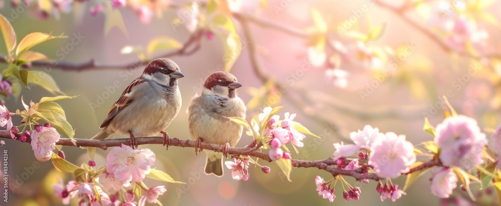 A group of little funny birds and birds chicks sit on the branches of an apple tree with pink flowers in a sunny and singing in spring garden A group of little funny birds and birds chicks sit on the branches of an apple tree with pink flowers in a sunny and singing in spring garden