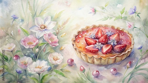 Delicate watercolor of spring strawberry pie surrounded by blooming flowers, spring, dessert, sweets, strawberries, pie, watercolor,delicate, floral, blossoms, season, fresh, fruity