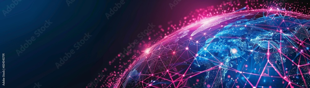 Obraz premium Abstract digital rendering of a glowing Earth with pink and blue hues.