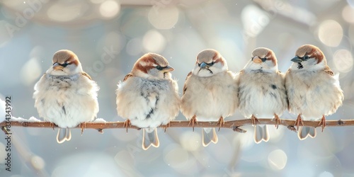Cute little birds, a sparrow group sitting on a branch in a winter forest. A panorama banner with copy space area for your text or design.