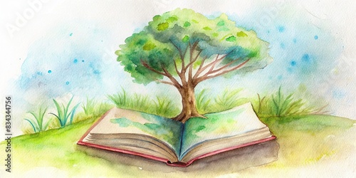 Opened book with a growing tree in the spring on a meadow with grass, education, knowledge, learning, nature, environment, growth, wisdom, spring, meadow, field, green,watercolor, cover photo