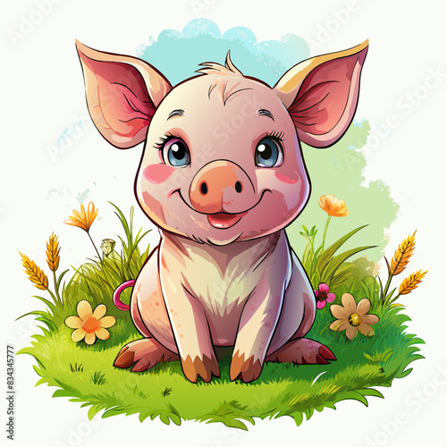 a watercolor style illustration of a cute piglet sitting on the grass - Generative AI