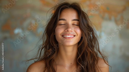 Young Latina smiling with her eyes closed, in a photo studio background 