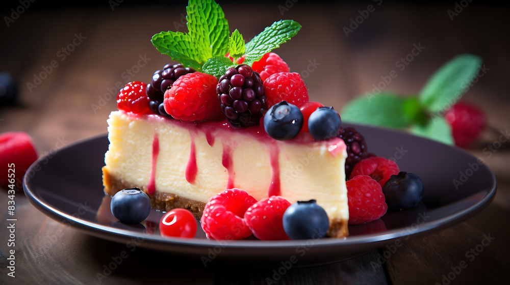 Cheesecake with fresh berries on a wooden background. Selective focus. Cheesecake with fresh berries on a wooden background. Selective focus.