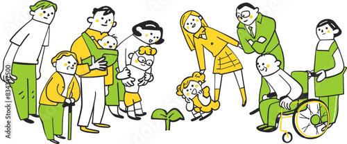 若い芽を取り囲む様々な年齢や境遇の人々　イラスト素材
