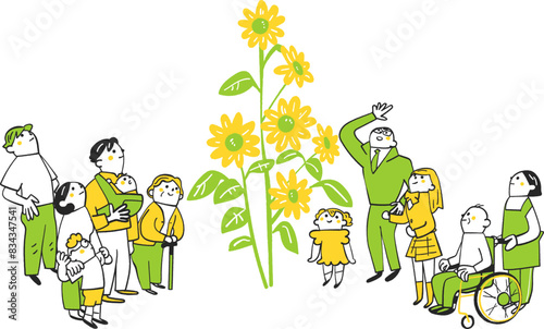 大きく育ったひまわりを見つめる様々な年齢や境遇の人々　イラスト素材
