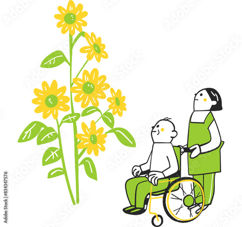 大きくのびのびと育った大輪のひまわりを見上げる車椅子の老人と介護者　イラスト素材
