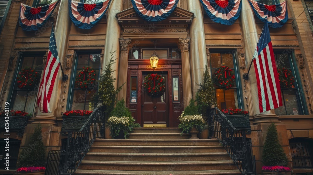 Fototapeta premium Historic American building adorned with red, white, and blue bunting, celebrating Independence Day
