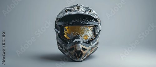 adventure motorcycle dirty helmet with golden mx goggles in a grey studio background