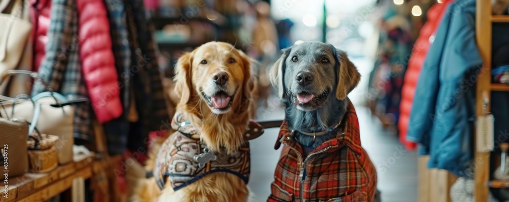 In a high-end fashion boutique a Golden retriever and blue Maine Coon model chic pet outfits