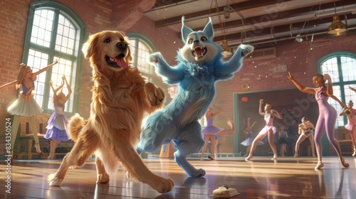 In a lively dance studio a Golden retriever and blue Maine Coon join a tap dance class photo