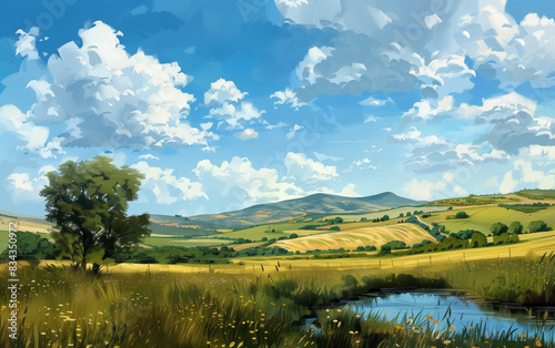Watercolored summer landscape with hills mountains and long grass