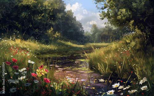 Watercolored summer landscape with hills mountains and long grass