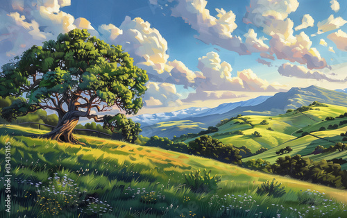 Watercolored summer landscape with hills mountains and long grass