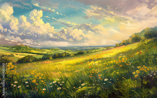 Watercolored summer landscape with hills mountains and long grass