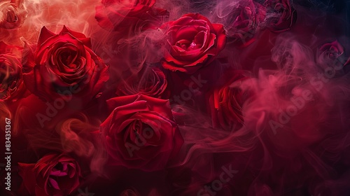 Close up shot of red garden roses with red smoke  festive greeting card