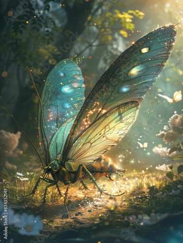 A magical cockroach with glowing butterfly wings lies on the forest floor. Surrounded by sunlight and ethereal particles