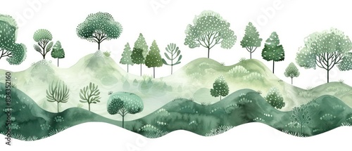illustrated watercolored green landscape with simple composition and white background
