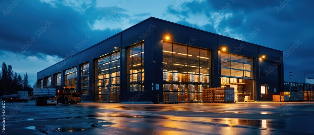 Obraz premium warehouse top view with docking bay illuminated at night 