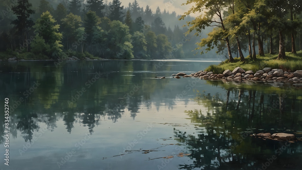 The tranquility of a lakeside scene with soft brushstrokes and cool tones ai_generated The tranquility of a lakeside scene with soft brushstrokes and cool tones ai_generated