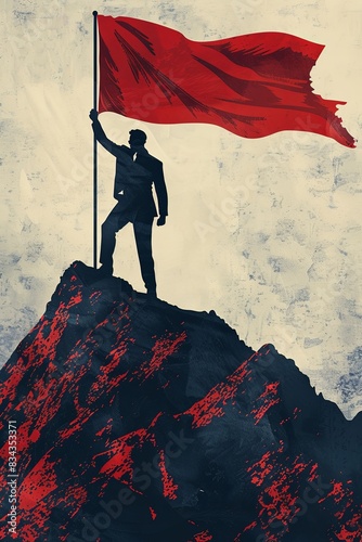man in a business suit with a red flag climbs on the top of the mountain. concept of success in business, overcoming difficulties.