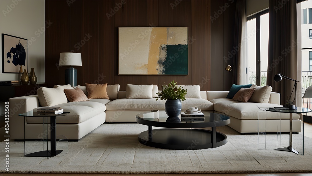 Living room with a modular sofa, glass coffee table, and a large area rug, contemporary and comfortable, generative AI Living room with a modular sofa, glass coffee table, and a large area rug, contemporary and comfortable, generative AI