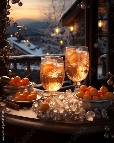 two glasses of champagne with ice cubes and tangerines on the background of winter landscape