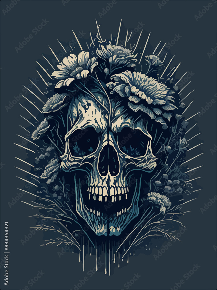 An ancient skull surrounded by black and white flowers, depicting war's lasting honor. An ancient skull surrounded by black and white flowers, depicting war's lasting honor.