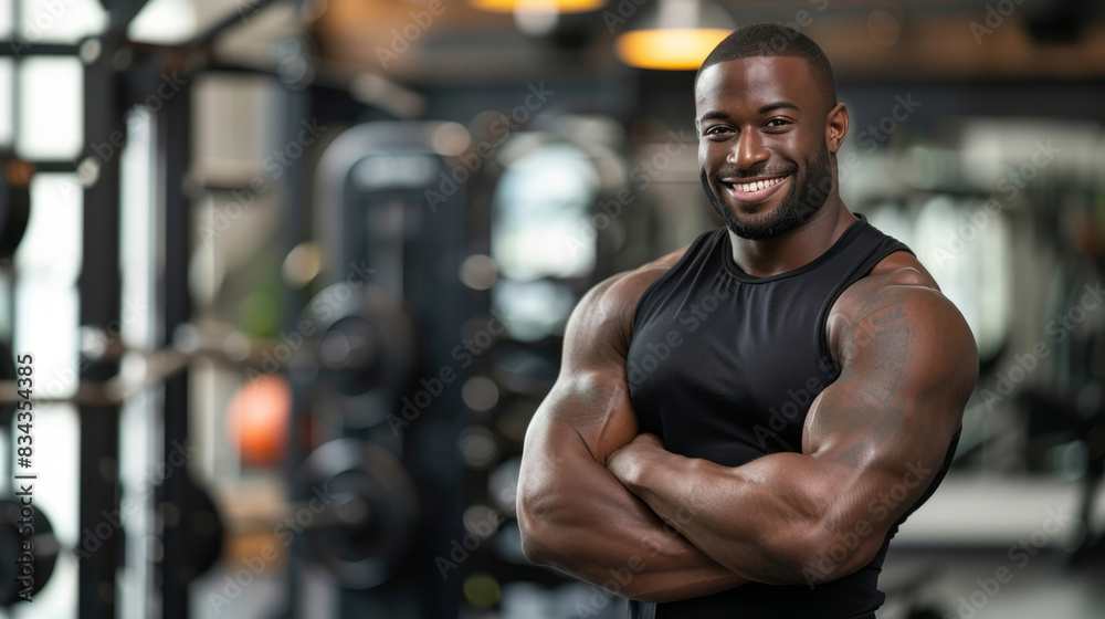 A muscular man in sportswear is smiling at the camera, standing with arms crossed and looking happy and confident inside the gym. A muscular man in sportswear is smiling at the camera, standing with arms crossed and looking happy and confident inside the gym.