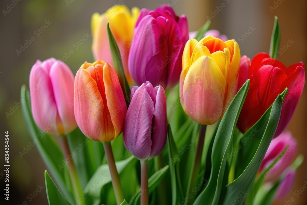 Vibrant Tulip Bouquet on Wooden Table with Green Leaves in Natural Light Nature and Beauty Inspired Floral Arrangement for Interior Design Vibrant Tulip Bouquet on Wooden Table with Green Leaves in Natural Light Nature and Beauty Inspired Floral Arrangement for Interior Design