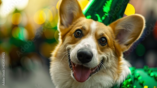 Corgi in a fancy costume for St. Patrick's Day. copy space