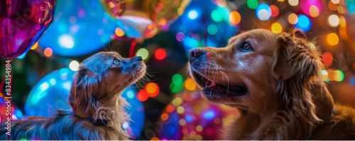 Golden retriever and blue Maine Coon at a colorful carnival photo