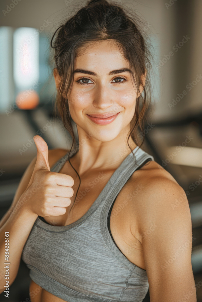 A young woman is doing sports in the gym, wearing a grey tank top and smiling at the camera, giving a thumbs up. A young woman is doing sports in the gym, wearing a grey tank top and smiling at the camera, giving a thumbs up.