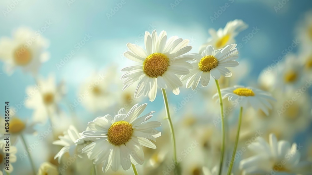 Fototapeta premium A field of daisies under the sunshine with a blurry background and a light blue sky.