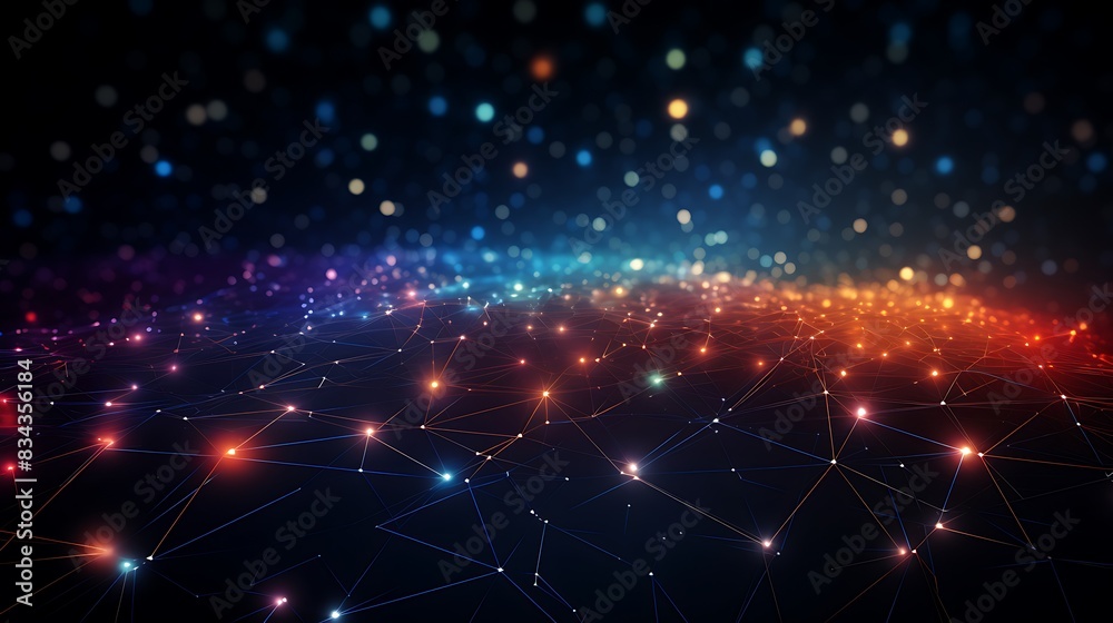 Fototapeta premium Digital technology abstract concept Small particles connected in multicolored lines with a perspective view on dark blue background